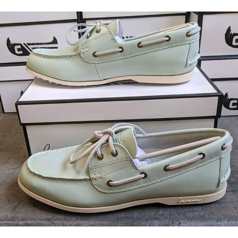 READ Canoos Golf Shoes Womens 11 Seafoam Green & White Leather Boat Shoe Loafer